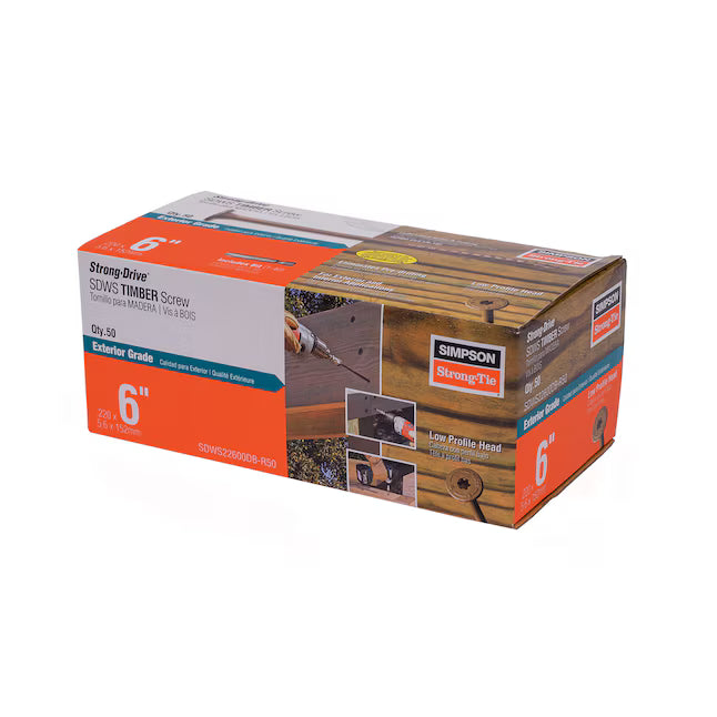 A box of Simpson Strong-Tie Strong-Drive SDWS Timber Double-barrier Exterior Construction Screws, #12 x 6-in, for wood framing—packaged in an orange and brown box with product details, branding, and construction images.